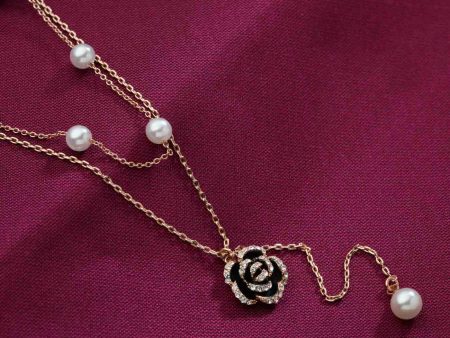 Dangling Black Rose and Pearl Necklace (Brass) For Cheap