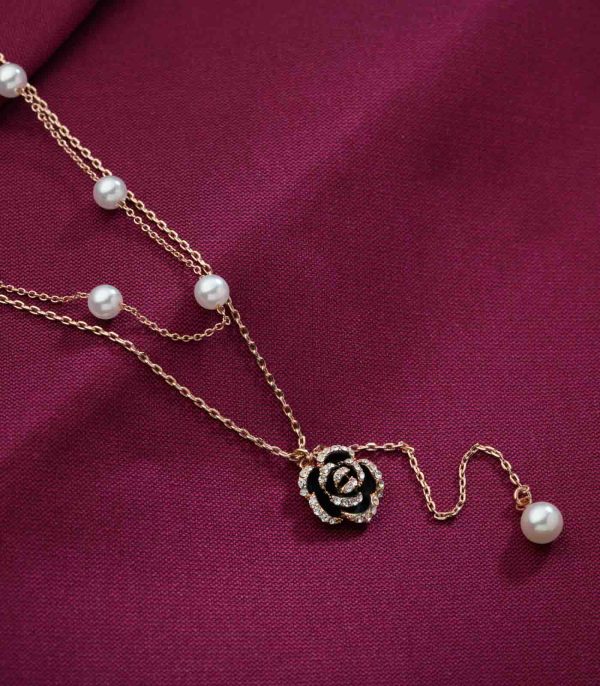 Dangling Black Rose and Pearl Necklace (Brass) For Cheap