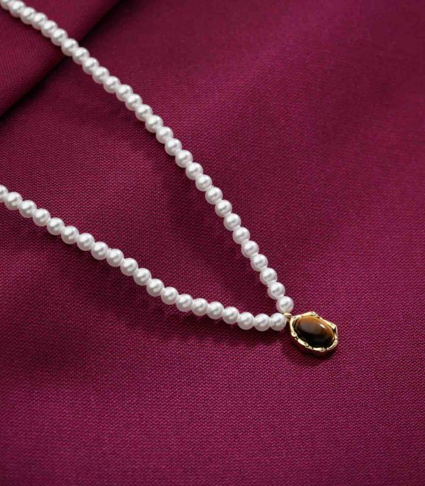 Brown Stone Pearl Necklace (Brass) Online Sale