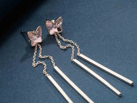 Dangling Rectangles with Pink Stone Butterfly Tops (Silver) Cheap