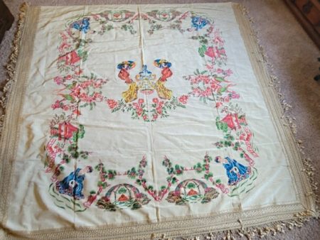 Antique Asian Inspired Hand Painted Bed Coverlet from Italy Supply