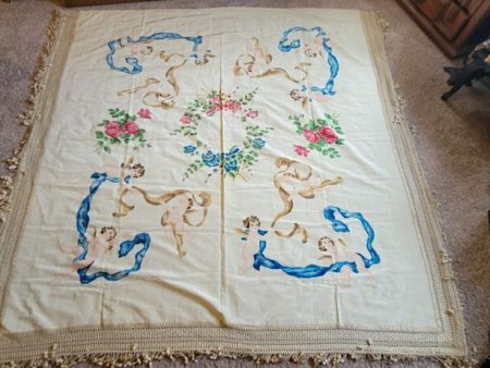 Antique Floral Cherub  Hand Painted Bed Coverlet from Italy Discount