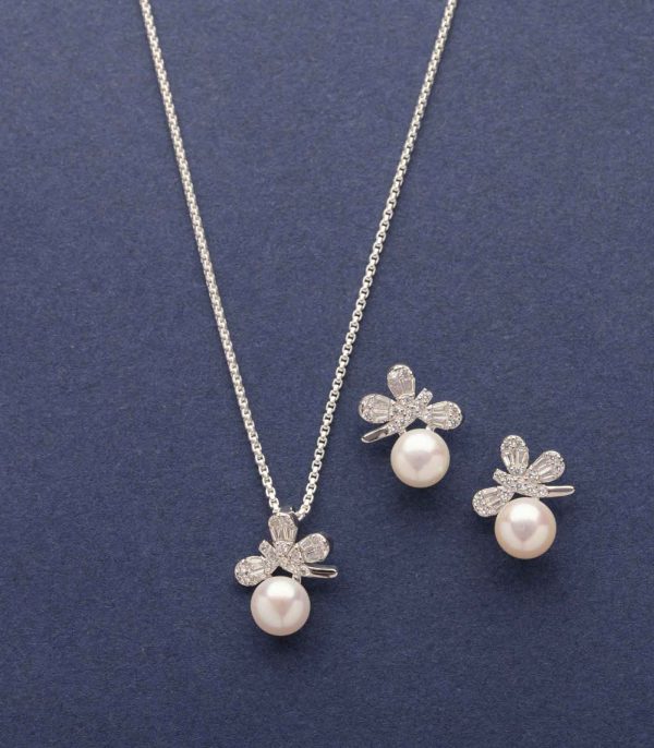 Daisy Pearl Necklace Set (Silver) Discount