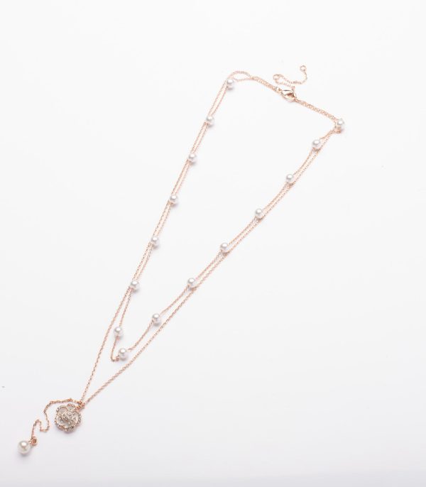 Dangling White Rose and Pearl Necklace (Brass) Hot on Sale