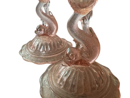 Rare Heisey Pink Flamingo Petticoat Dolphin Candlestick Holders #109 Sale