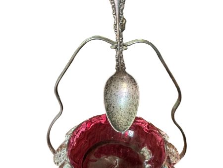 Antique Cranberry Glass Condiment   Spoon Holder Silver Spoon Online now