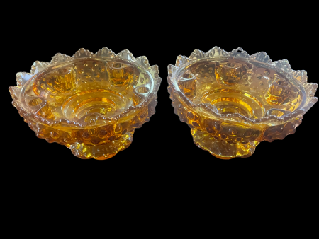 Fenton Amber Hobnail Glass Pedestal Centerpiece Bowls 6 Candle Holder PAIR SET Online now