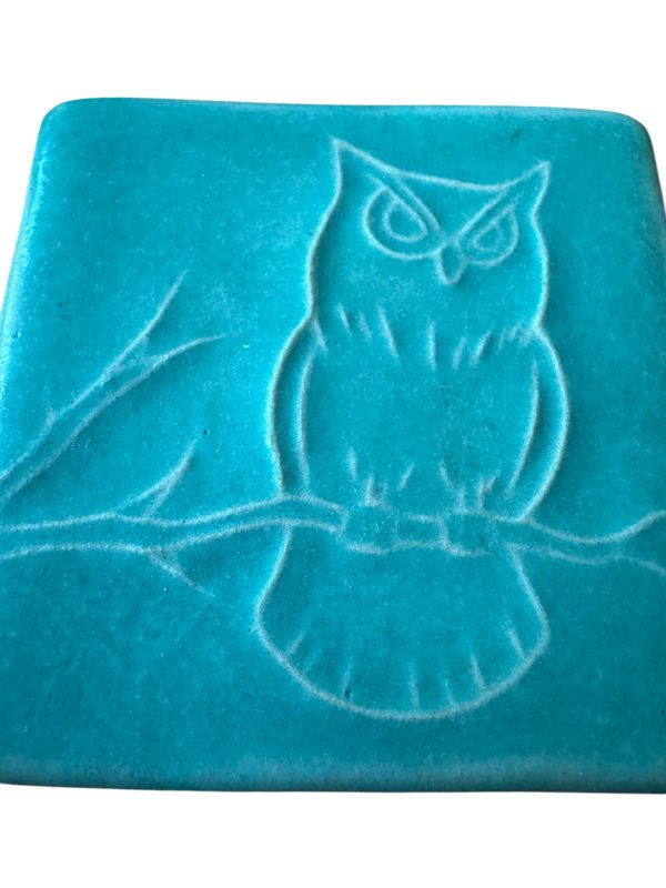 Pewabic 2012 3x3 Turquoise Owl in Tree Tile For Sale