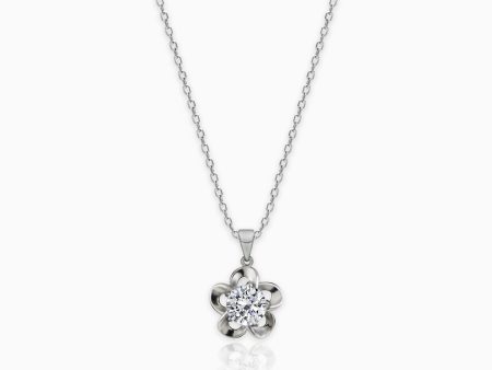 Silver Zircon Flower Pendant with Link Chain Fashion