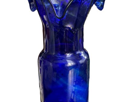 Cobalt Glass Blue Ruffled Top Flower Vase - Nice Thick Glass - Hand Blown Online