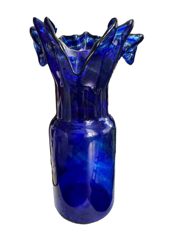 Cobalt Glass Blue Ruffled Top Flower Vase - Nice Thick Glass - Hand Blown Online