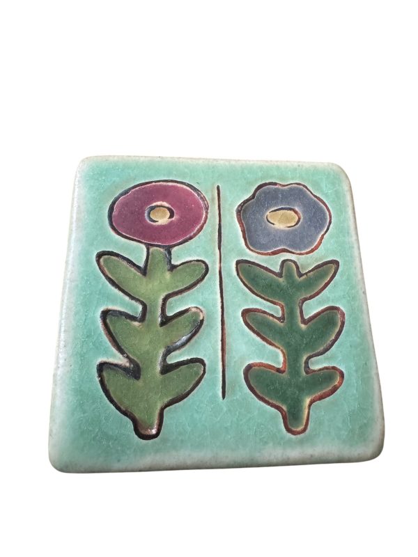 Pewabic Turquoise 2012 3x3 Painted Flowers Tile Hot on Sale