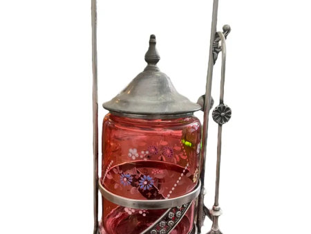 Antique Handpainted Victorian Cranberry Glass Pickle Jar w  Tongs Online Hot Sale