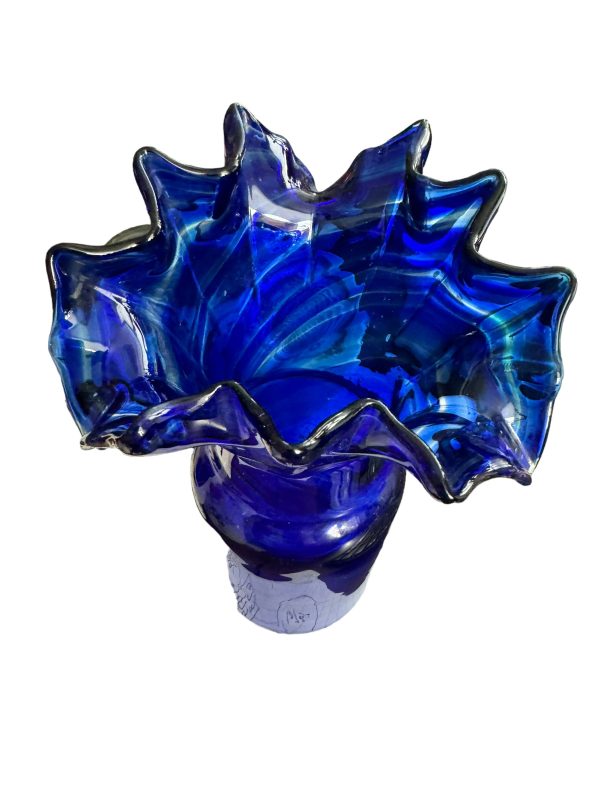 Cobalt Glass Blue Ruffled Top Flower Vase - Nice Thick Glass - Hand Blown Online