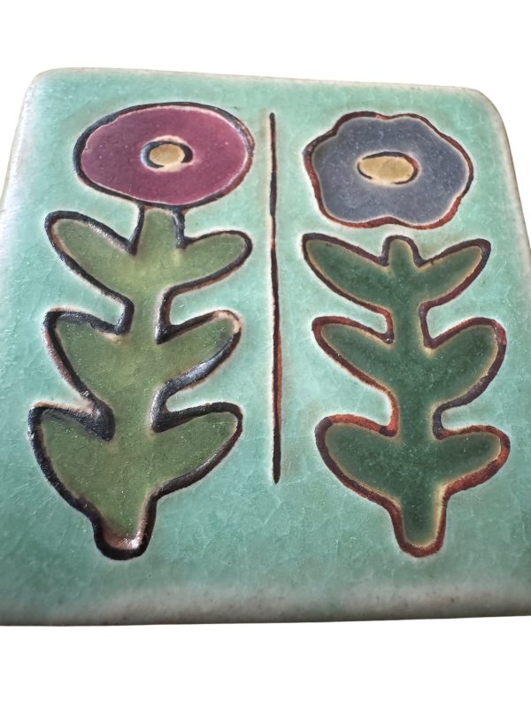 Pewabic Turquoise 2012 3x3 Painted Flowers Tile Hot on Sale