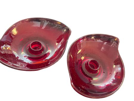 Vintage Viking Glass Ruby Red Candle Holders Pair - Mid Century Modern Online Sale